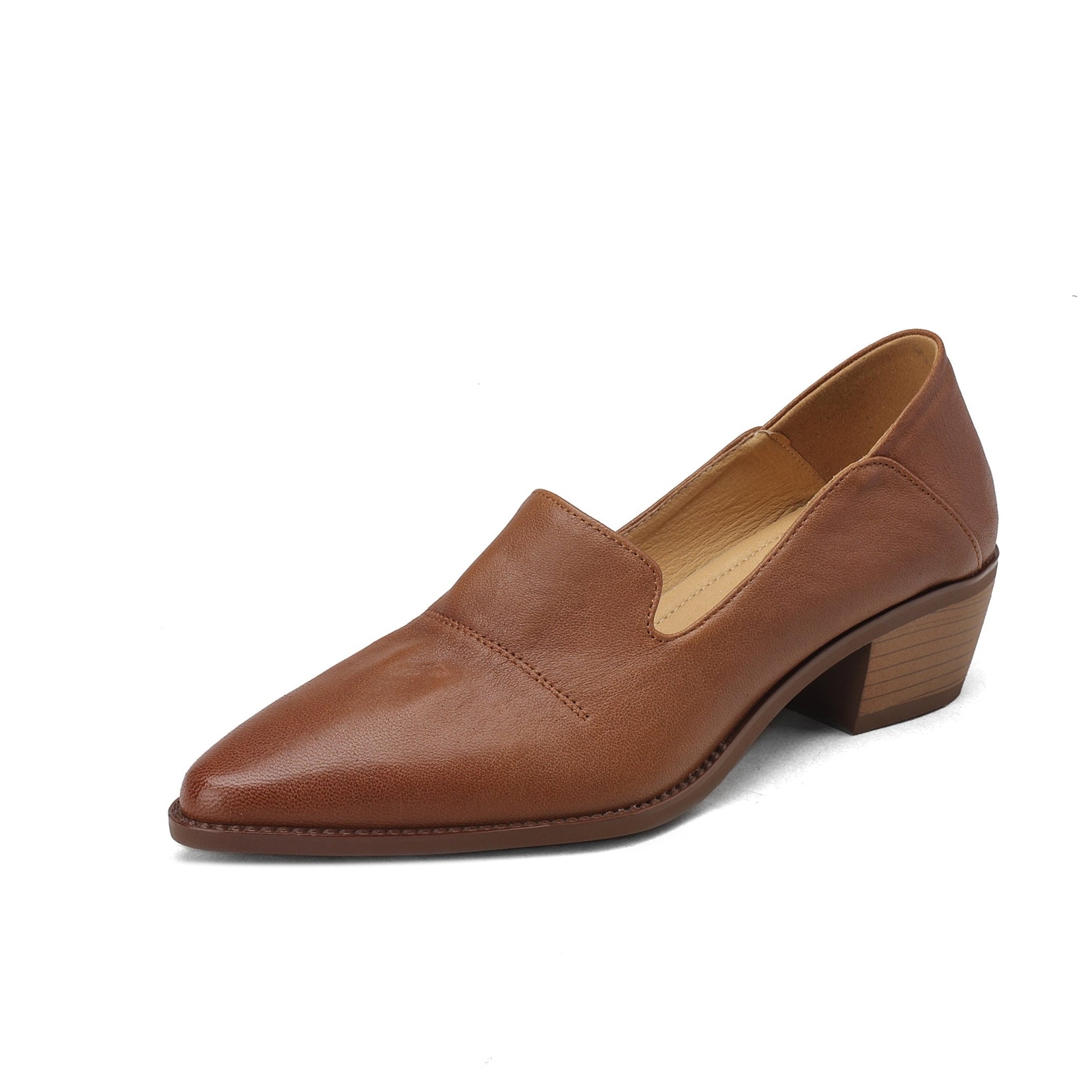 Handgefertigte Damen-Loafer mit spitzer Zehenpartie und Blockabsatz