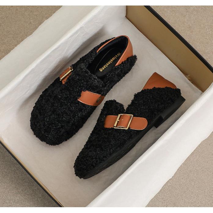 Damen-Loafer aus Kunstpelz, warmes Winterfleece, flache Metallschnallen, Freizeitschuhe
