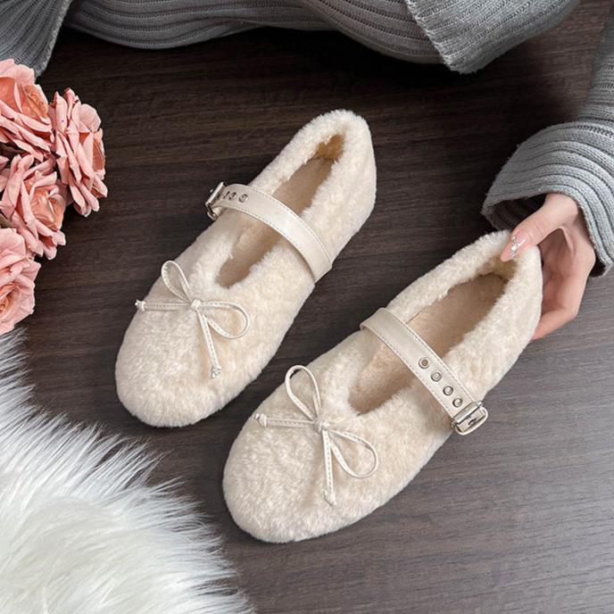 Mary-Jane-Slipper mit Kunstpelz, Schleife und integrierter Absatzverst&auml;rkung &ndash; Damenschuhe f&uuml;r den Winter