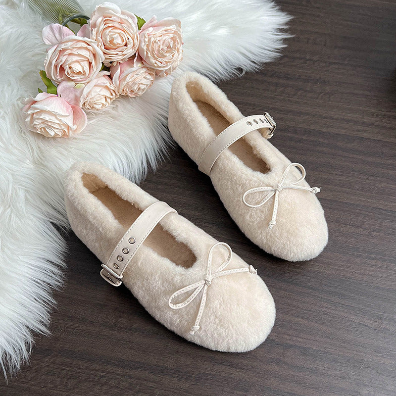 Mary-Jane-Slipper mit Kunstpelz, Schleife und integrierter Absatzverst&auml;rkung &ndash; Damenschuhe f&uuml;r den Winter