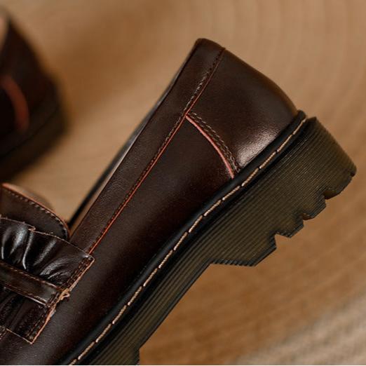 Damen-Loafer aus Leder mit runder Zehenpartie, Schleife und R&uuml;schenbesatz