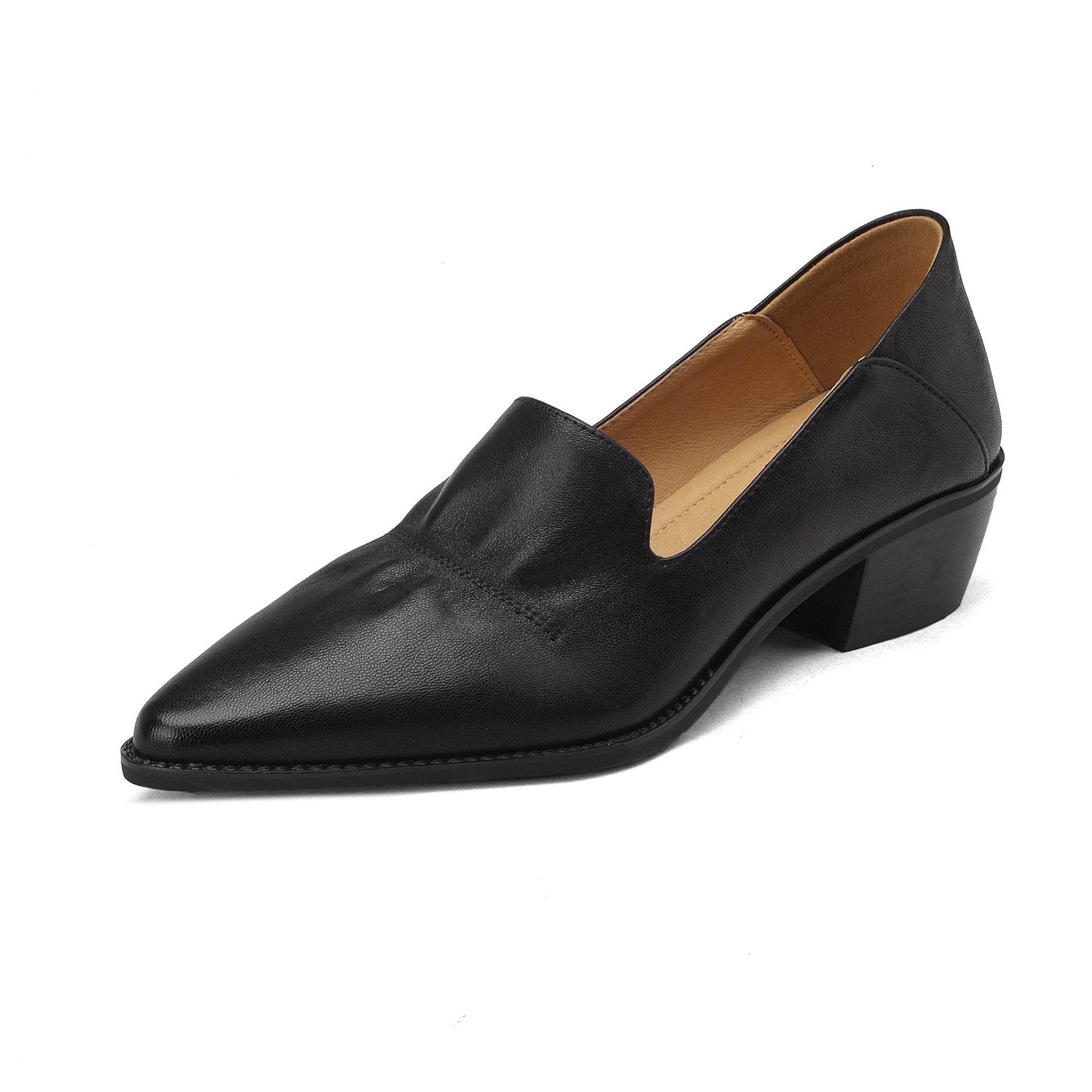Handgefertigte Damen-Loafer mit spitzer Zehenpartie und Blockabsatz