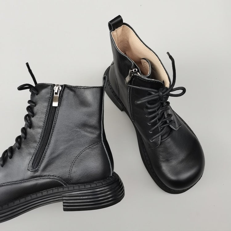 Bottines Martin &agrave; bout large en cuir v&eacute;ritable pour femmes &ndash; Fermeture &agrave; lacets et &agrave; fermeture &eacute;clair