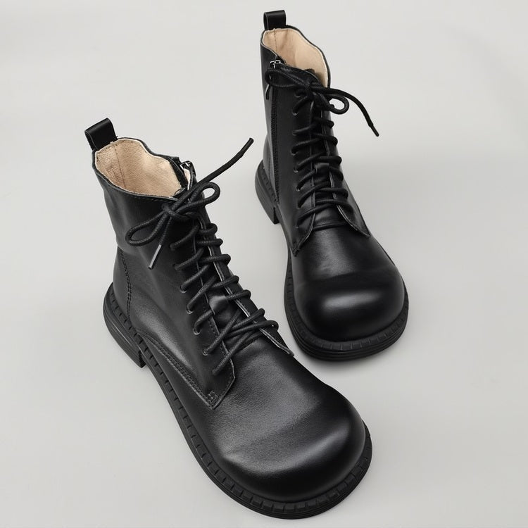 Bottines Martin &agrave; bout large en cuir v&eacute;ritable pour femmes &ndash; Fermeture &agrave; lacets et &agrave; fermeture &eacute;clair