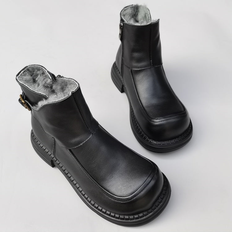 Bottines Derby vintage pour femmes, bout large, en cuir &ndash; Bottines d'hiver doubl&eacute;es en peau lain&eacute;e