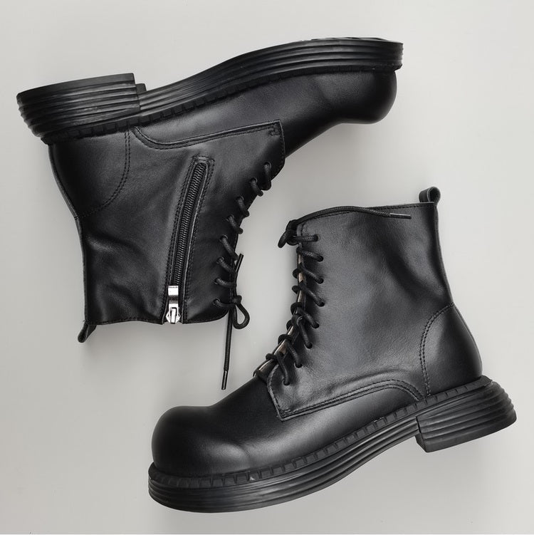 Bottines Martin &agrave; bout large en cuir v&eacute;ritable pour femmes &ndash; Fermeture &agrave; lacets et &agrave; fermeture &eacute;clair