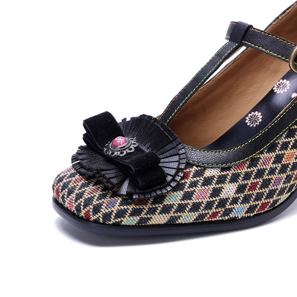 Women's Vintage T-strap Plaid Patchwork Floral Mary Jane High Heels