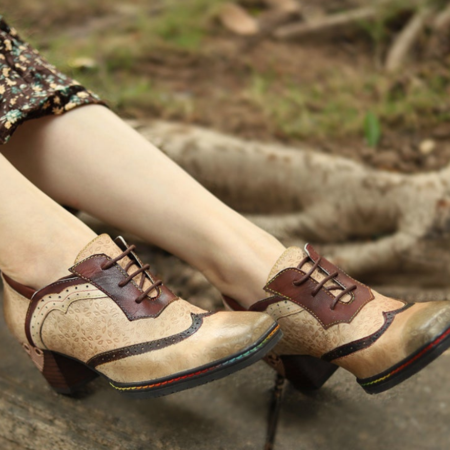 Damskie buty typu oksford, ręcznie robione, sk&oacute;rzane, w stylu retro, na obcasie typu brogs