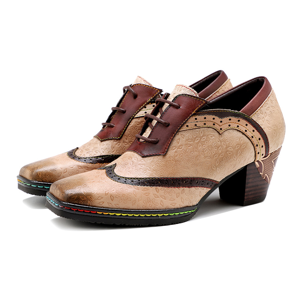 Damskie buty typu oksford, ręcznie robione, sk&oacute;rzane, w stylu retro, na obcasie typu brogs