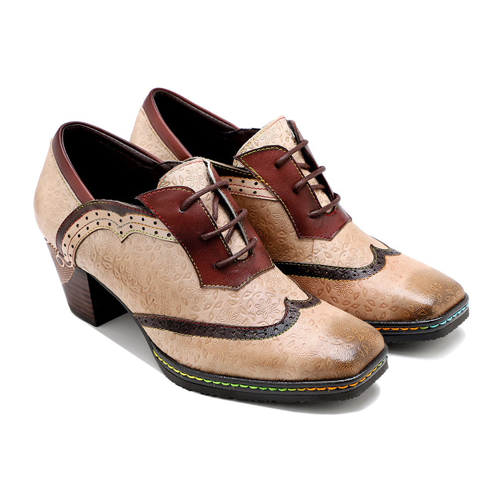 Damskie buty typu oksford, ręcznie robione, sk&oacute;rzane, w stylu retro, na obcasie typu brogs