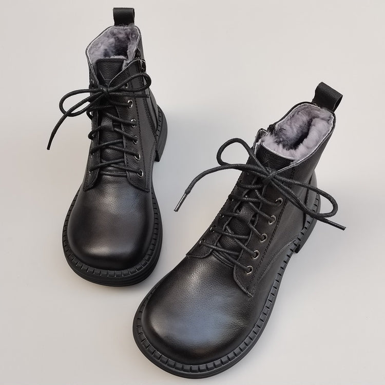 Bottes vintage pour femmes, bout large, en cuir et peau lain&eacute;e &ndash; Style hivernal confortable &agrave; la cheville