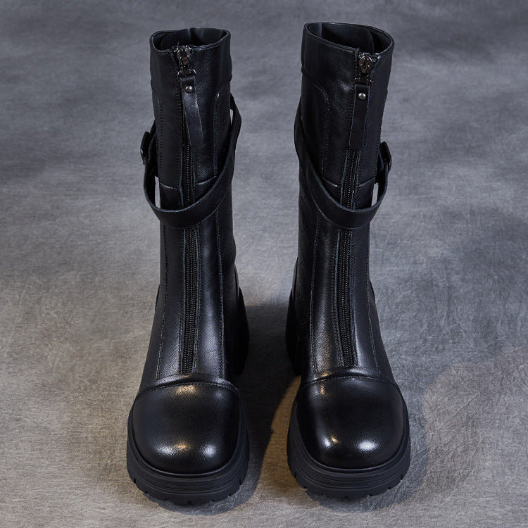 Bottes mi-mollet pour femme en cuir v&eacute;ritable emboss&eacute; &ndash; Talon compens&eacute; &eacute;pais avec boucle