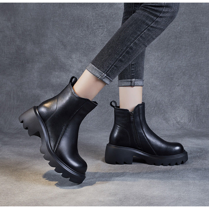 Bottines en cuir pour femme &ndash; Talon compens&eacute; mi-haut &eacute;pais avec fermeture &eacute;clair lat&eacute;rale