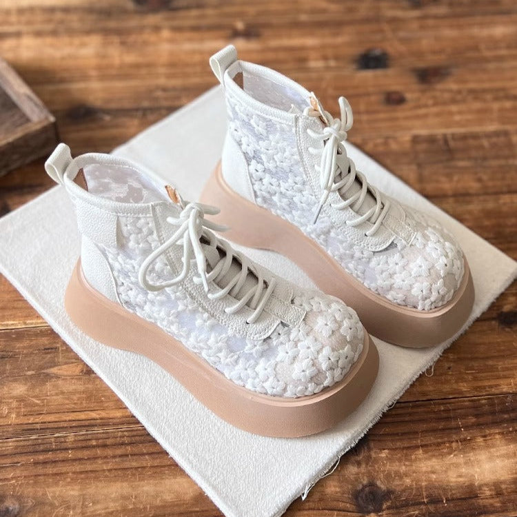 Bottes d'&eacute;t&eacute; &agrave; plateforme en dentelle et r&eacute;sille, style litt&eacute;raire pour femmes