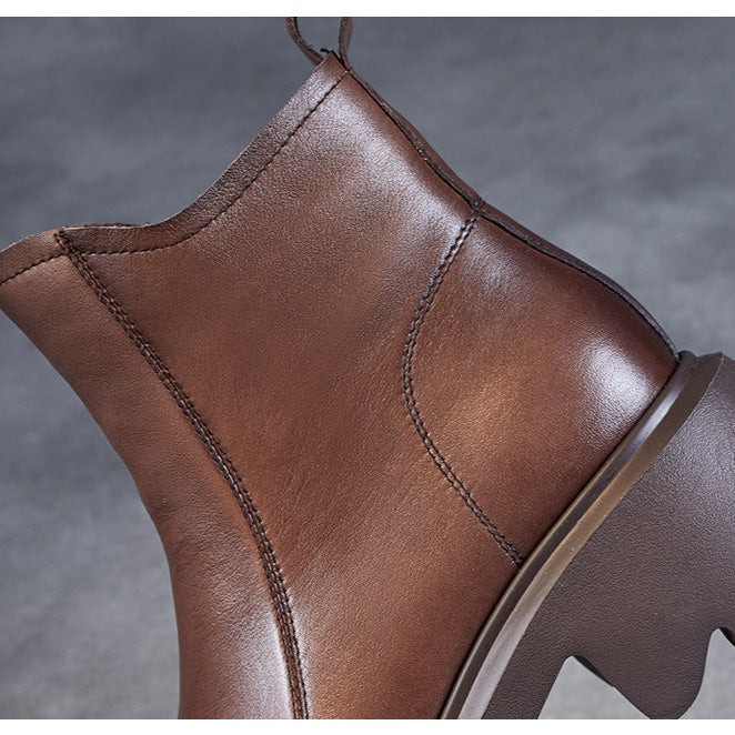 Bottines en cuir pour femme &ndash; Talon compens&eacute; mi-haut &eacute;pais avec fermeture &eacute;clair lat&eacute;rale