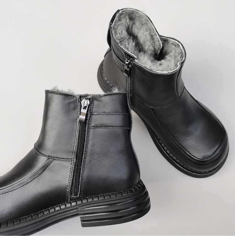 Bottines Derby vintage pour femmes, bout large, en cuir &ndash; Bottines d'hiver doubl&eacute;es en peau lain&eacute;e