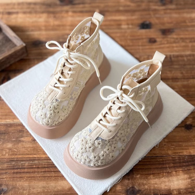 Bottes d'&eacute;t&eacute; &agrave; plateforme en dentelle et r&eacute;sille, style litt&eacute;raire pour femmes