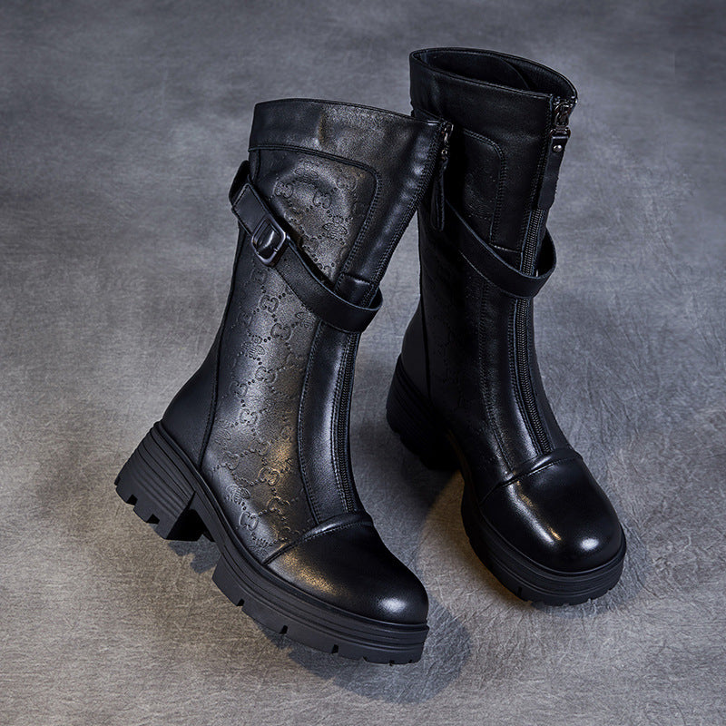 Bottes mi-mollet pour femme en cuir v&eacute;ritable emboss&eacute; &ndash; Talon compens&eacute; &eacute;pais avec boucle