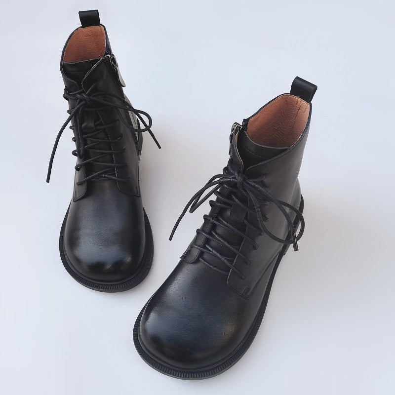 Bottines vintage pour femme, bout large, en cuir v&eacute;ritable &ndash; faites main, semelle souple, style britannique