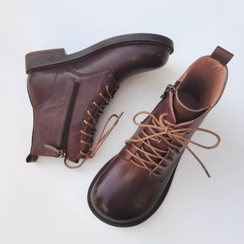 Bottines vintage pour femme, bout large, en cuir v&eacute;ritable &ndash; faites main, semelle souple, style britannique