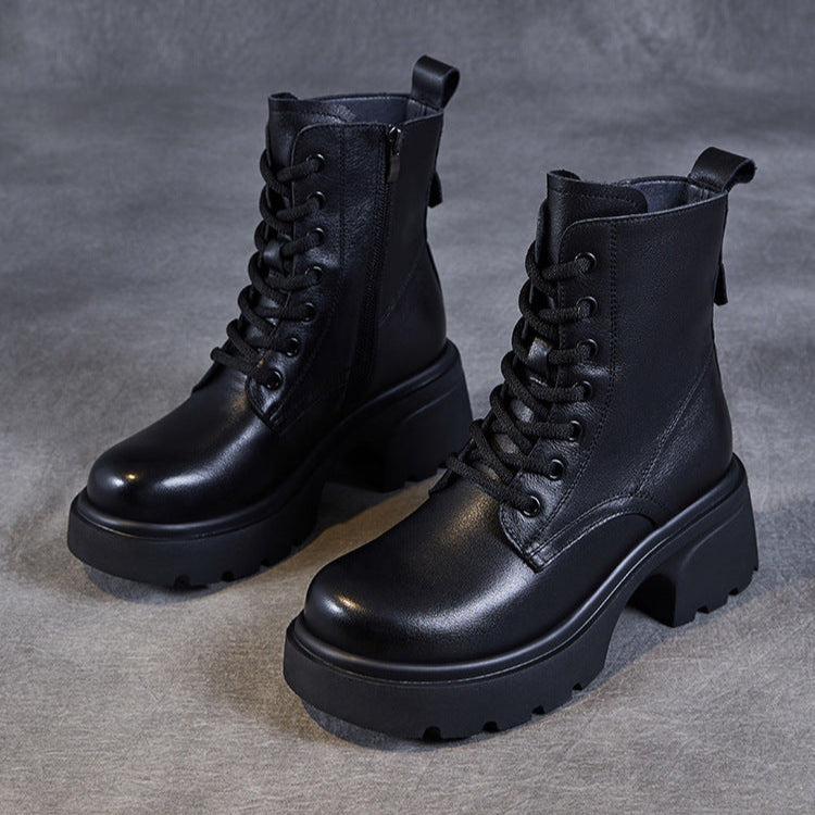 Bottes &agrave; plateforme d&eacute;contract&eacute;es pour femmes en cuir v&eacute;ritable &ndash; Talon &eacute;pais et fermeture &eacute;clair lat&eacute;rale