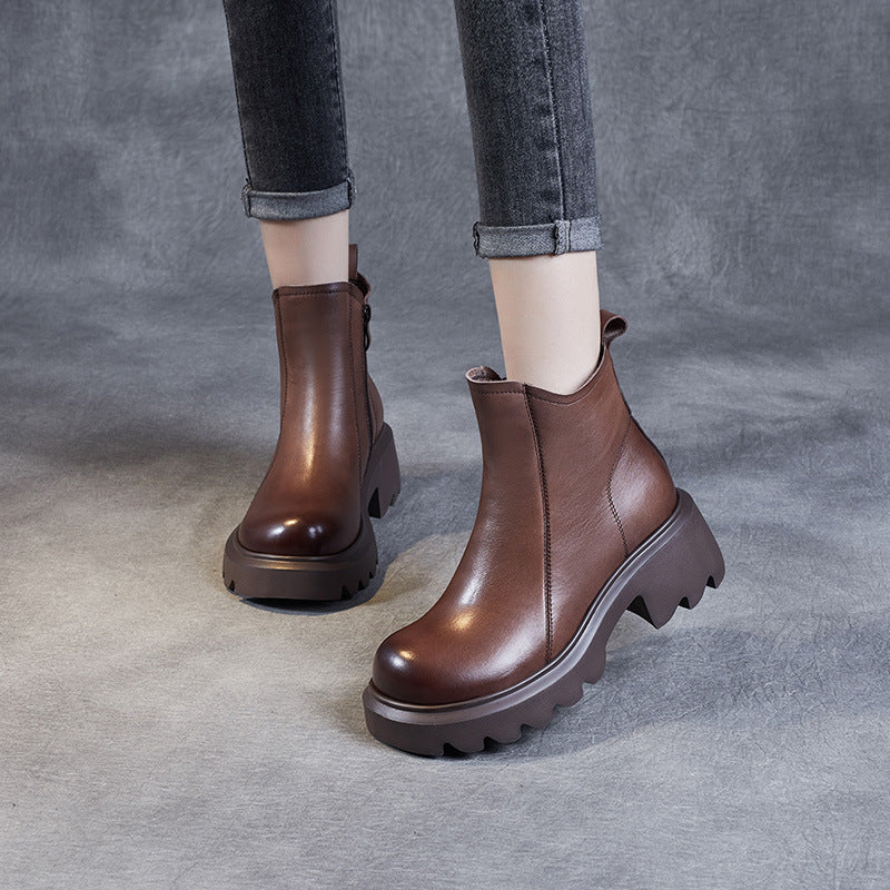 Bottines en cuir pour femme &ndash; Talon compens&eacute; mi-haut &eacute;pais avec fermeture &eacute;clair lat&eacute;rale