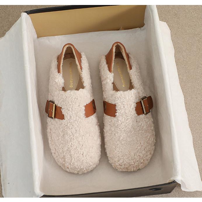 Damen-Loafer aus Kunstpelz, warmes Winterfleece, flache Metallschnallen, Freizeitschuhe