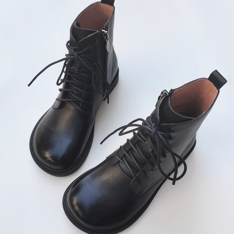 Bottines vintage pour femme, bout large, en cuir v&eacute;ritable &ndash; faites main, semelle souple, style britannique