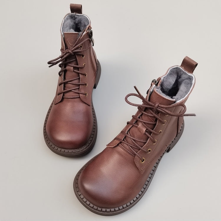Bottes vintage pour femmes, bout large, en cuir et peau lain&eacute;e &ndash; Style hivernal confortable &agrave; la cheville