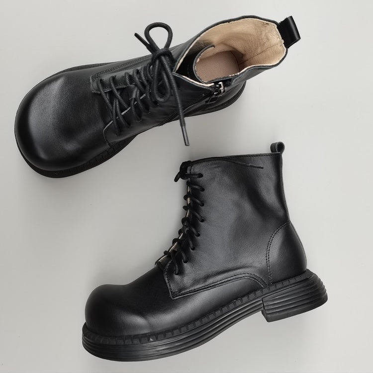 Bottines Martin &agrave; bout large en cuir v&eacute;ritable pour femmes &ndash; Fermeture &agrave; lacets et &agrave; fermeture &eacute;clair