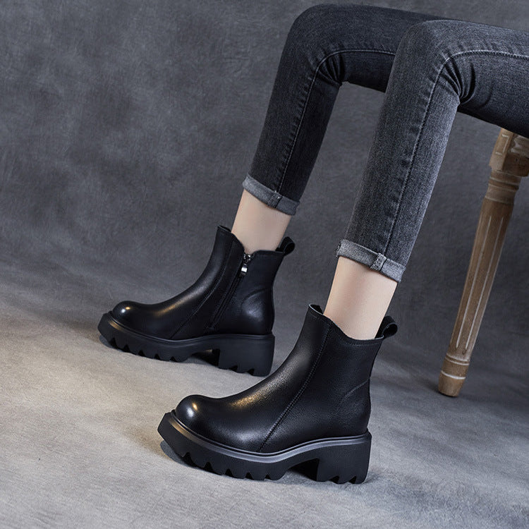 Bottines en cuir pour femme &ndash; Talon compens&eacute; mi-haut &eacute;pais avec fermeture &eacute;clair lat&eacute;rale