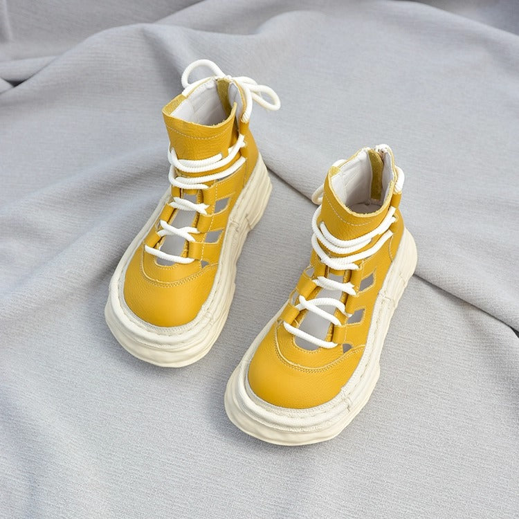 Bottines &agrave; plateforme en cuir pour femme, style &laquo; moche-mignon &raquo; &ndash; D&eacute;coupes et fermeture &eacute;clair &agrave; l'arri&egrave;re