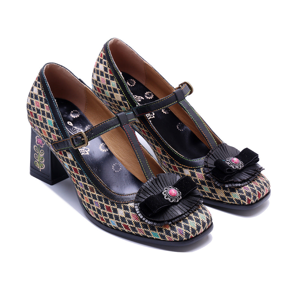 Women's Vintage T-strap Plaid Patchwork Floral Mary Jane High Heels