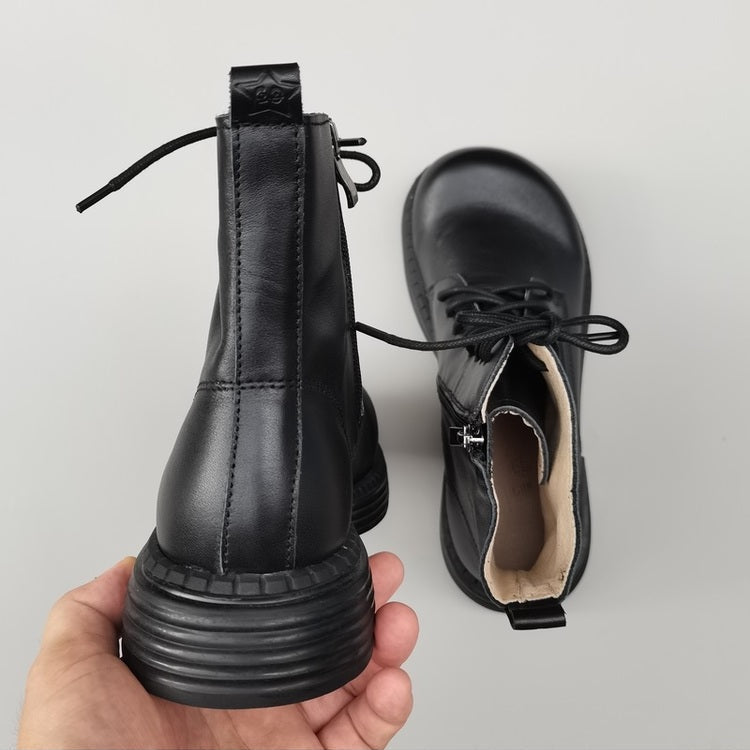 Bottines Martin &agrave; bout large en cuir v&eacute;ritable pour femmes &ndash; Fermeture &agrave; lacets et &agrave; fermeture &eacute;clair