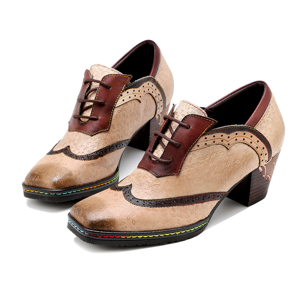 Damskie buty typu oksford, ręcznie robione, sk&oacute;rzane, w stylu retro, na obcasie typu brogs