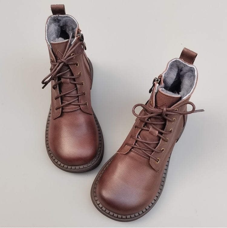 Bottes vintage pour femmes, bout large, en cuir et peau lain&eacute;e &ndash; Style hivernal confortable &agrave; la cheville