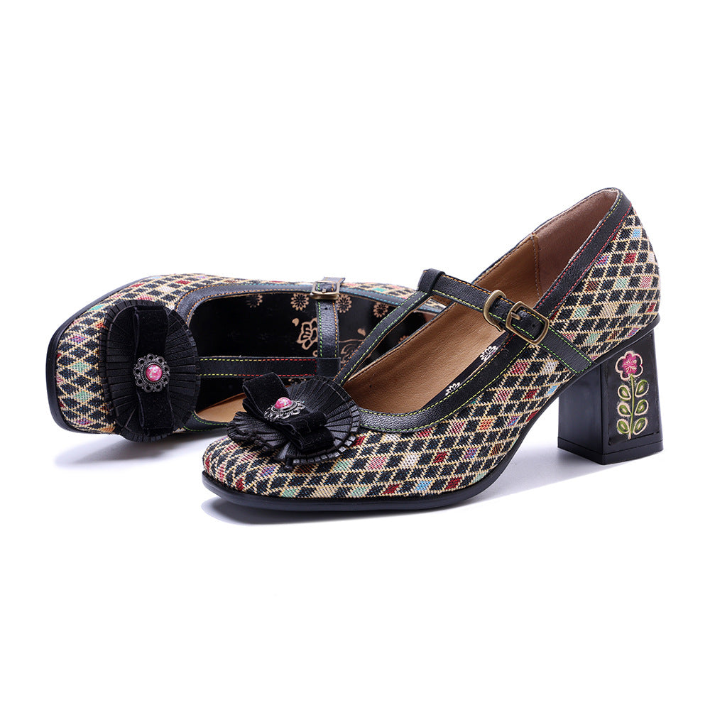 Women's Vintage T-strap Plaid Patchwork Floral Mary Jane High Heels