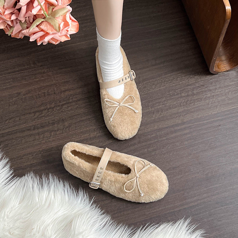 Mary-Jane-Slipper mit Kunstpelz, Schleife und integrierter Absatzverst&auml;rkung &ndash; Damenschuhe f&uuml;r den Winter