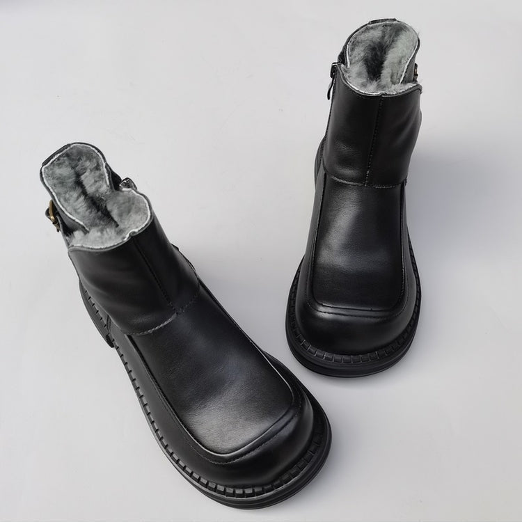 Bottines Derby vintage pour femmes, bout large, en cuir &ndash; Bottines d'hiver doubl&eacute;es en peau lain&eacute;e