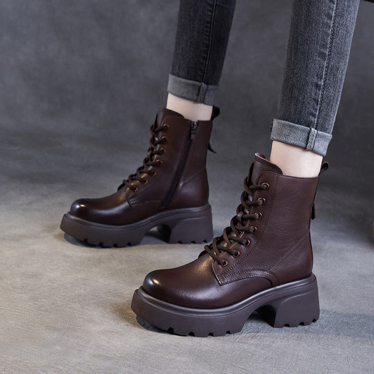 Bottes &agrave; plateforme d&eacute;contract&eacute;es pour femmes en cuir v&eacute;ritable &ndash; Talon &eacute;pais et fermeture &eacute;clair lat&eacute;rale