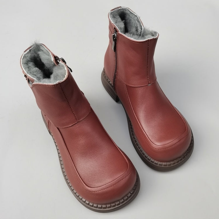 Bottines Derby vintage pour femmes, bout large, en cuir &ndash; Bottines d'hiver doubl&eacute;es en peau lain&eacute;e