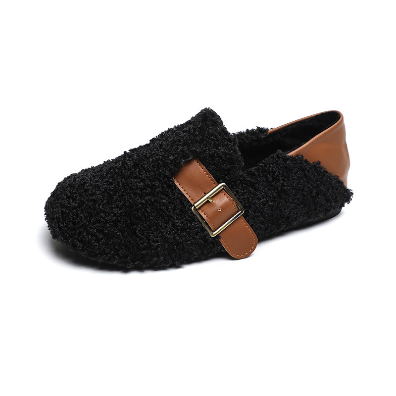 Damen-Loafer aus Kunstpelz, warmes Winterfleece, flache Metallschnallen, Freizeitschuhe