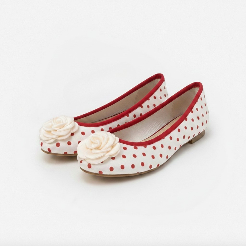 Dames ballerina's van satijn met rode stippen, ronde neus, lichtgewicht instapmodel - N01
