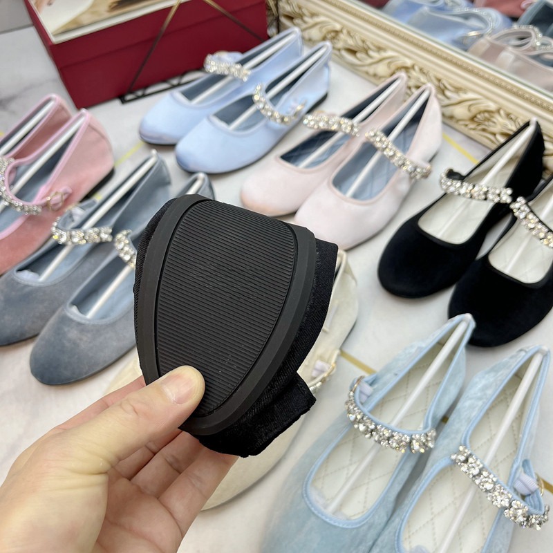 Ballerine Mary Jane con strass, punta tonda in raso, taglio basso in velluto per donna - N17