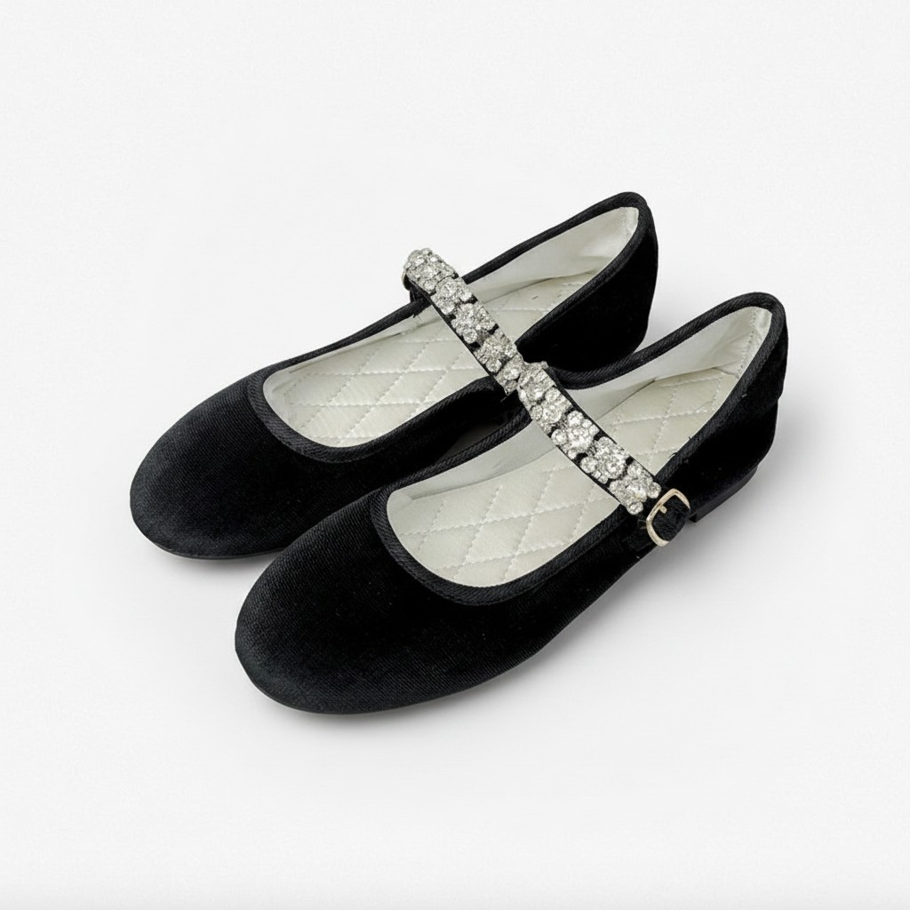 Ballerine Mary Jane con strass, punta tonda in raso, taglio basso in velluto per donna - N17