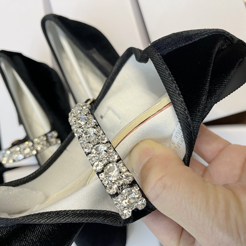 Ballerine Mary Jane con strass, punta tonda in raso, taglio basso in velluto per donna - N17
