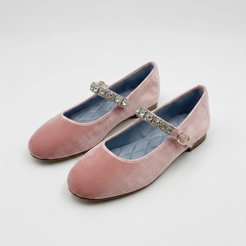 Ballerine Mary Jane con strass, punta tonda in raso, taglio basso in velluto per donna - N17