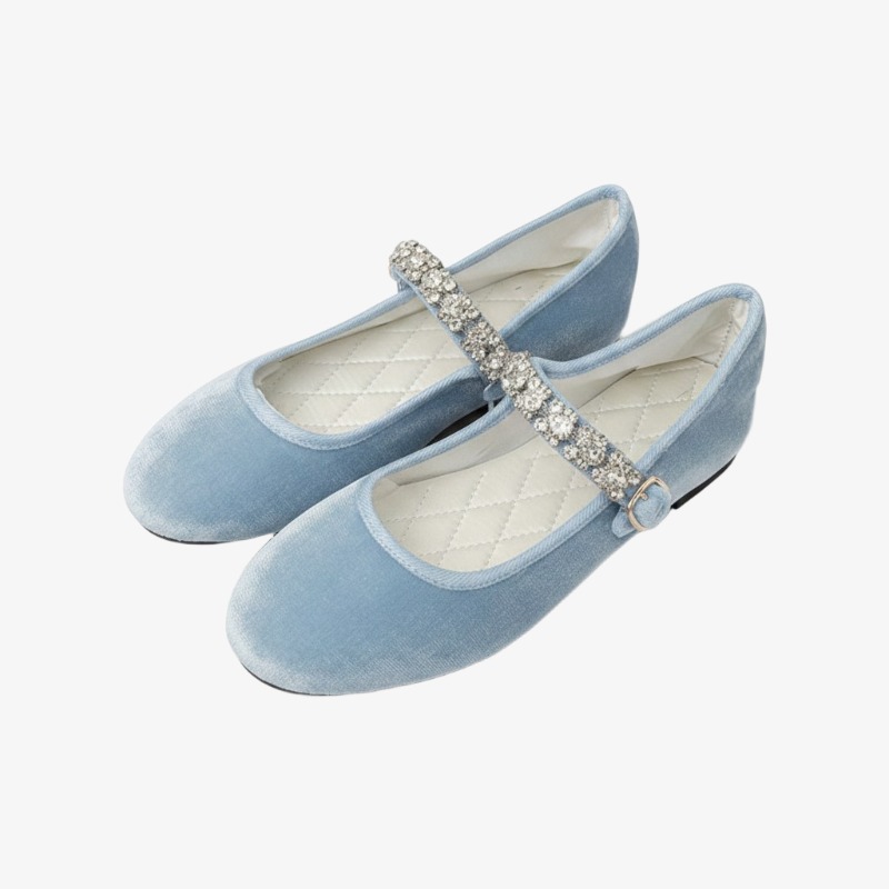 Ballerine Mary Jane con strass, punta tonda in raso, taglio basso in velluto per donna - N17
