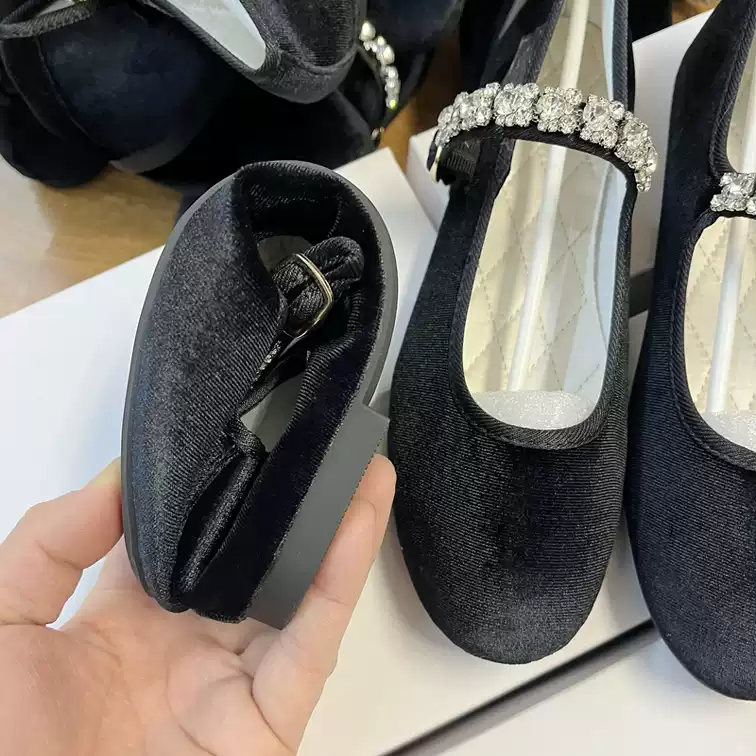 Ballerine Mary Jane con strass, punta tonda in raso, taglio basso in velluto per donna - N17