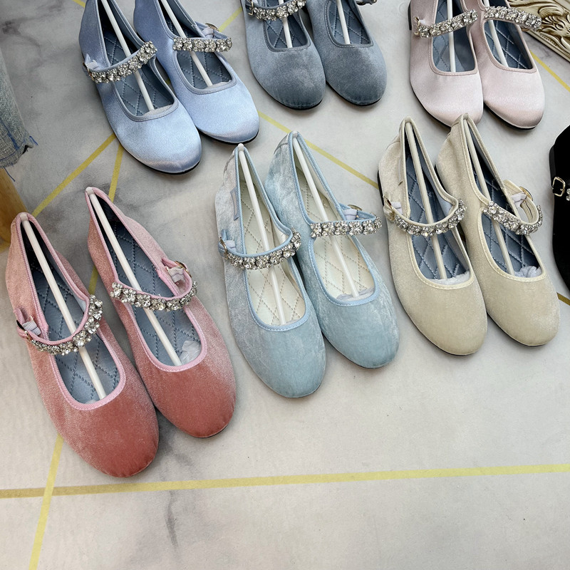 Ballerine Mary Jane con strass, punta tonda in raso, taglio basso in velluto per donna - N17